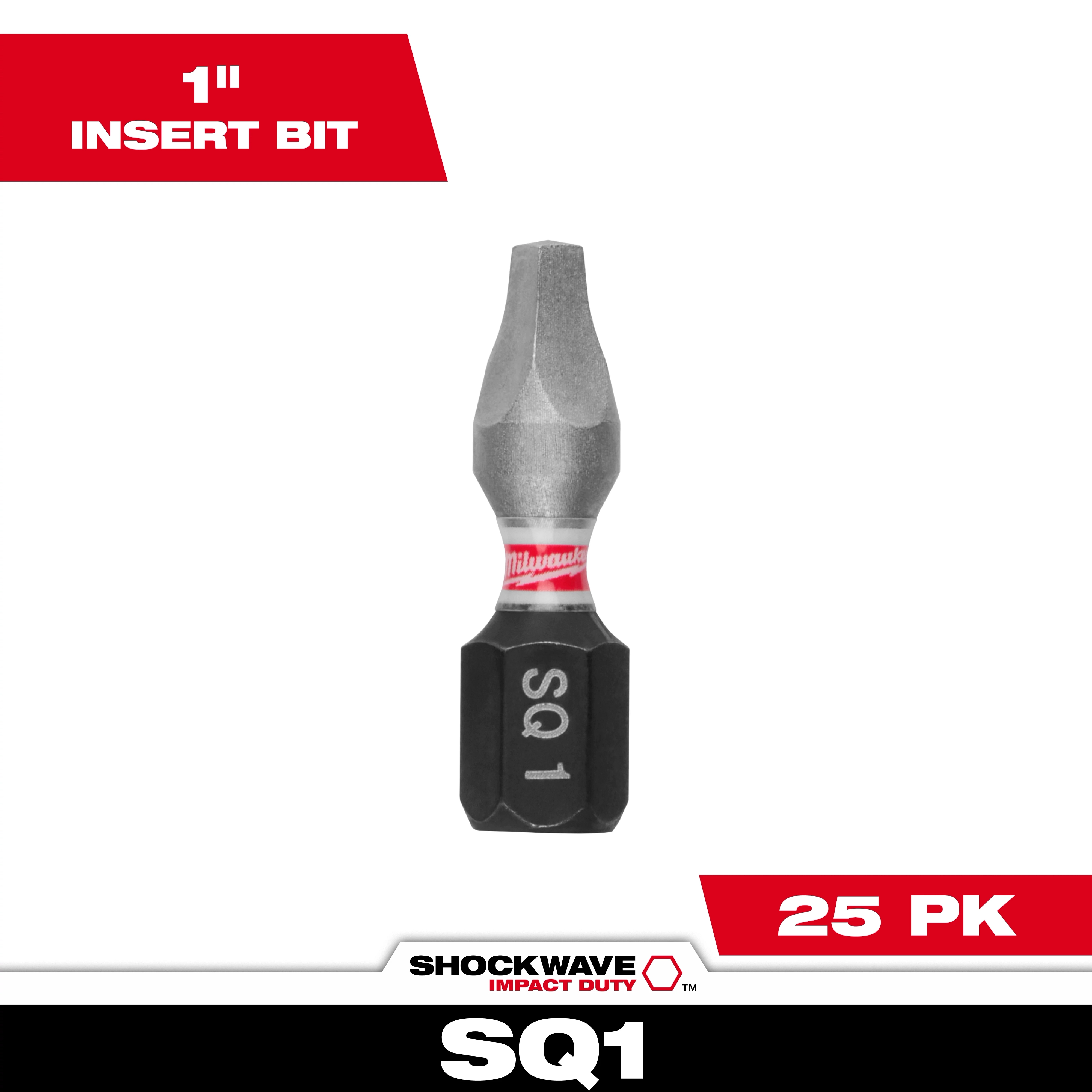This image displays a single SHOCKWAVE™ 1" Impact Duty Square Recess #1 Insert Bit. The bit has a black, hexagonal base with "SQ1" etched on it, and a metallic end. The packaging indicates that it comes in a pack of 25.