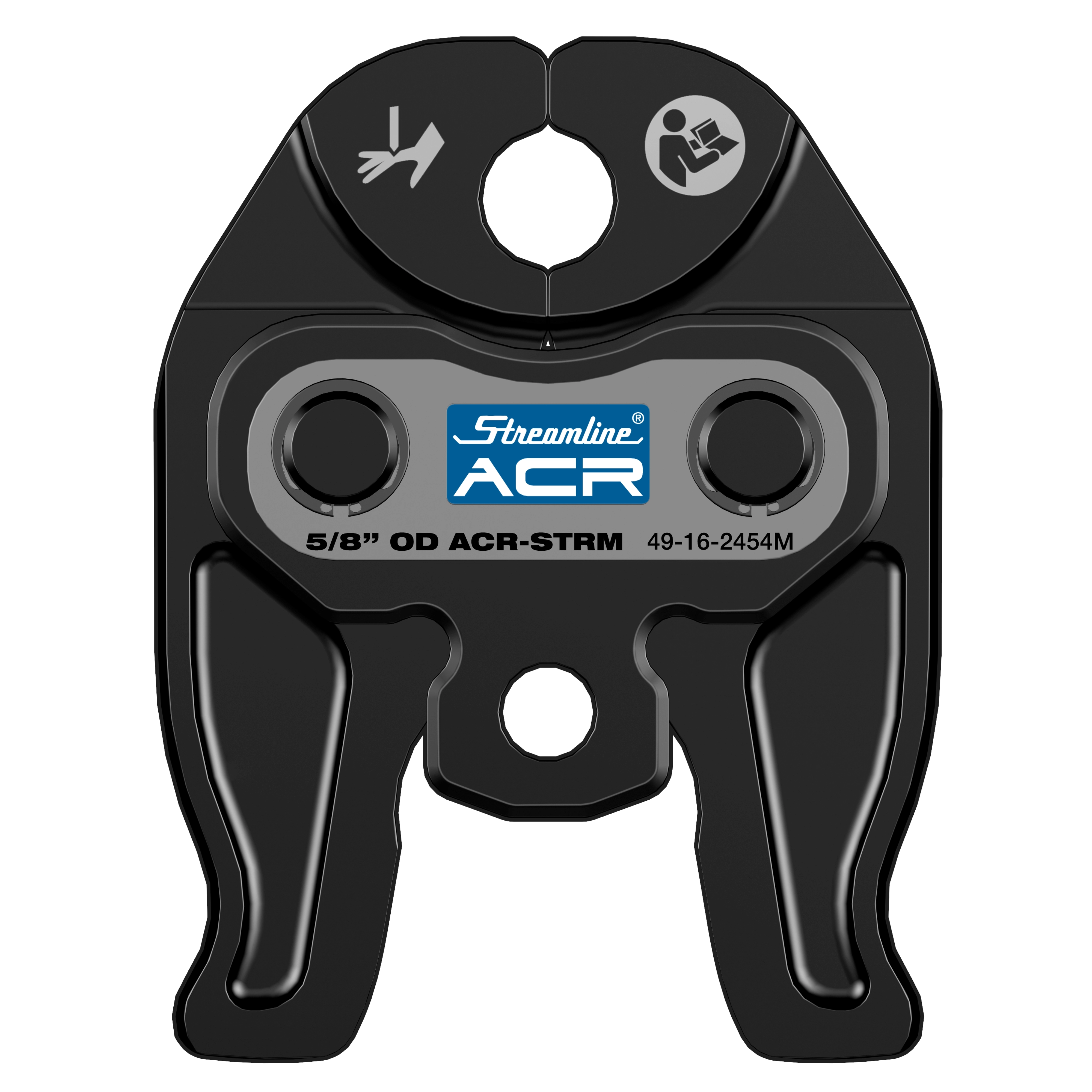 5/8" Streamline ACR Press Jaw designed for M12 FORCE LOGIC Press Tool. Features a black finish with a central blue label.