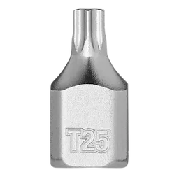 The image features a 1/4" Drive T25 Low-Profile TORX Bit Socket. It is made of polished metal and has "T25" engraved on its side, indicating its size. The socket is designed for use with a 1/4-inch drive system.