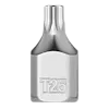 The image features a 1/4" Drive T25 Low-Profile TORX Bit Socket. It is made of polished metal and has "T25" engraved on its side, indicating its size. The socket is designed for use with a 1/4-inch drive system.