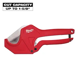 Milwaukee PVC Cutter with red plastic handle features a stainless steel blade and can cut pipes up to 1-5/8 inch in diameter. The cutter has a ratcheting mechanism for ease of use.