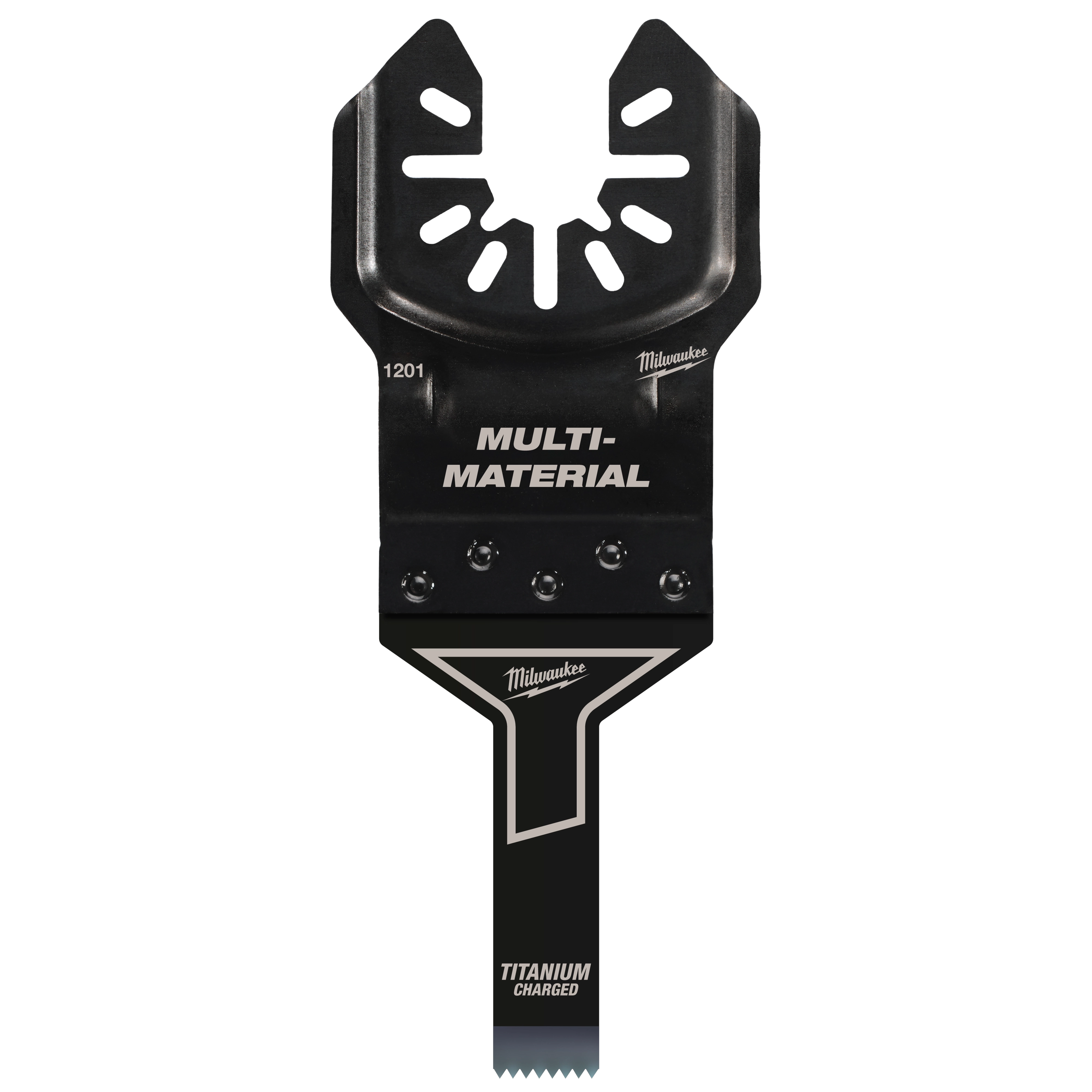 Milwaukee Open-Lok 3/8" titanium charged bi-metal multi-material multi-tool blade, black with silver markings and screw holes.