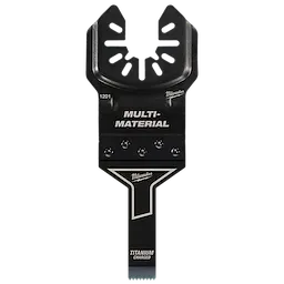 Milwaukee Open-Lok 3/8" titanium charged bi-metal multi-material multi-tool blade, black with silver markings and screw holes.