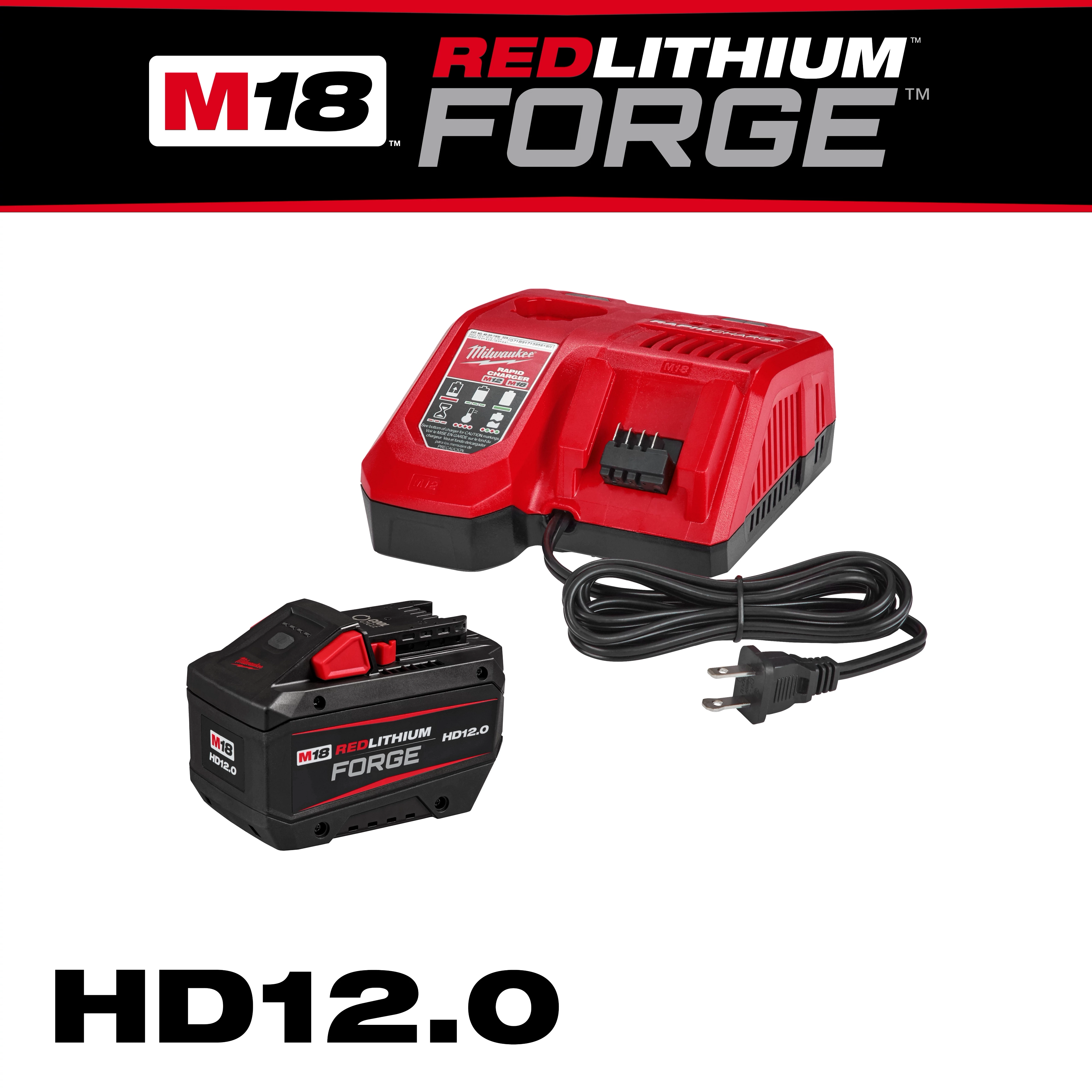M18 REDLITHIUM FORGE HD12.0 Starter Kit includes a red charger and a black battery, with branding visible on both components.
