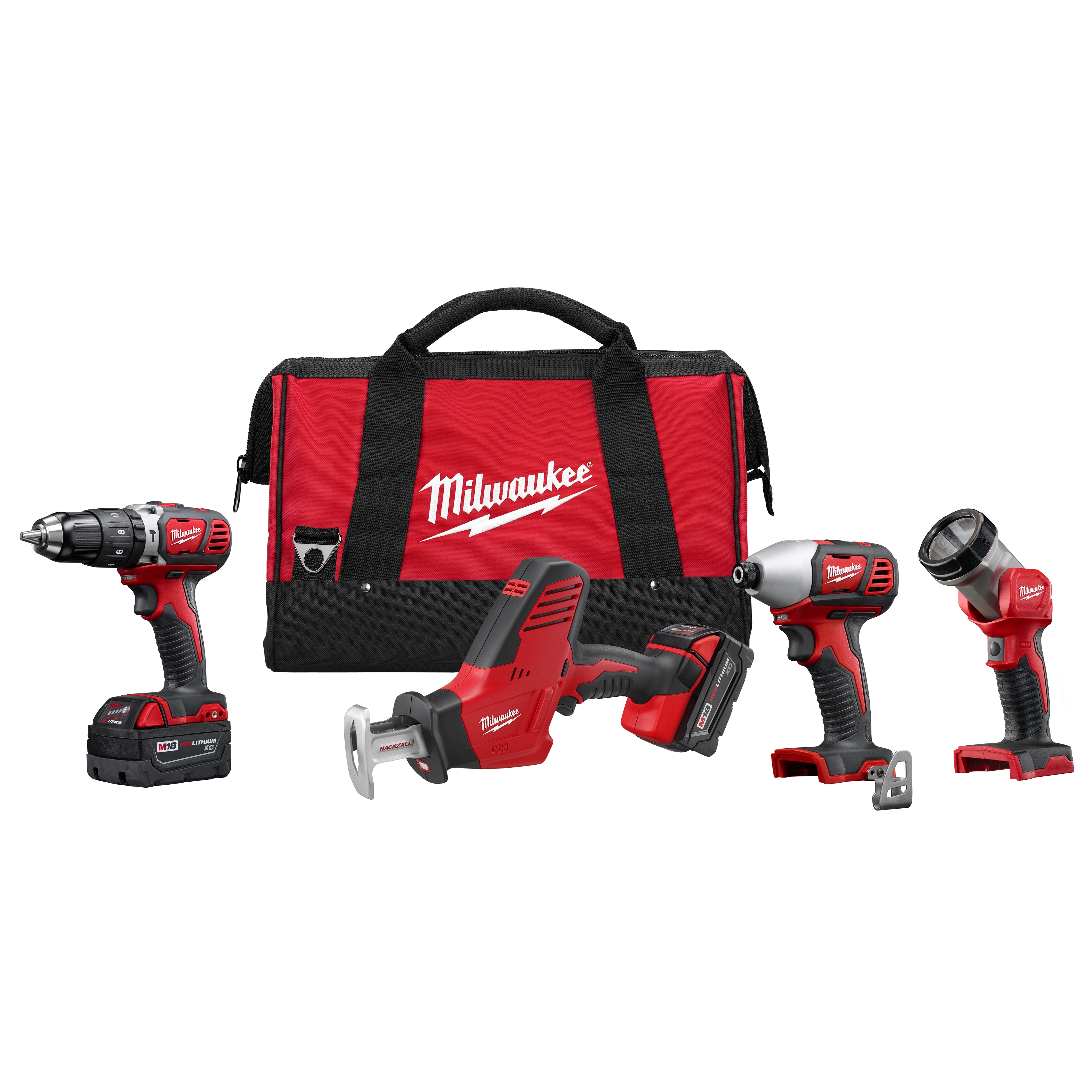 The M18 4 Piece Kit, 2695-24 includes a cordless drill, reciprocating saw, impact driver, and flashlight, along with a red and black Milwaukee carrying bag. The tools feature the brand's red and black color scheme and are designed for various construction and DIY tasks.