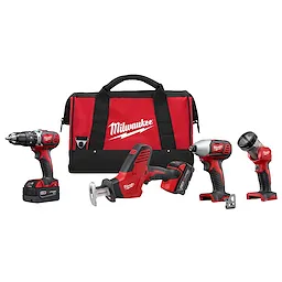 The M18 4 Piece Kit, 2695-24 includes a cordless drill, reciprocating saw, impact driver, and flashlight, along with a red and black Milwaukee carrying bag. The tools feature the brand's red and black color scheme and are designed for various construction and DIY tasks.