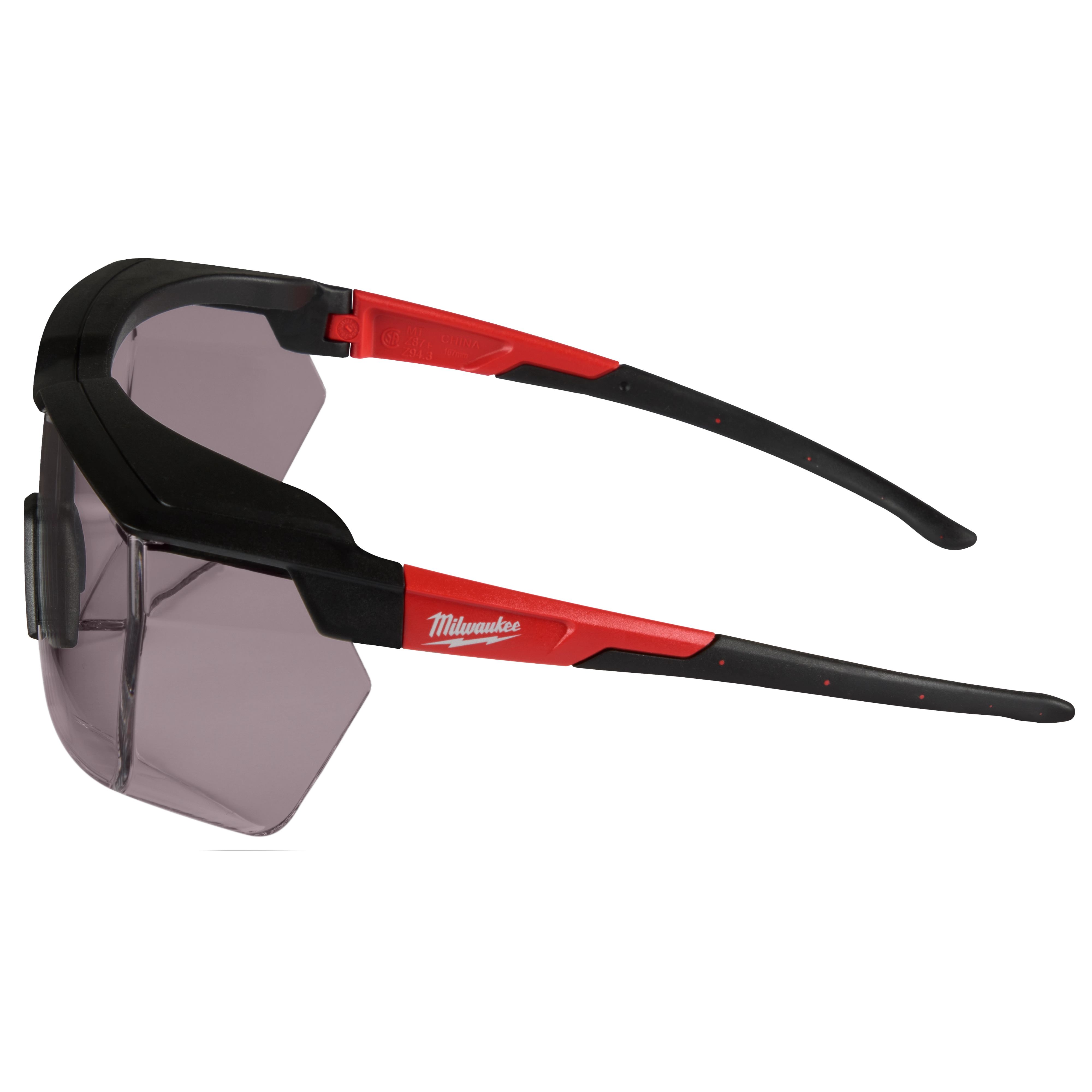 Black and red safety glasses with tinted dual coat lenses, labeled "Over the Glasses - Tinted Dual Coat Lenses."
