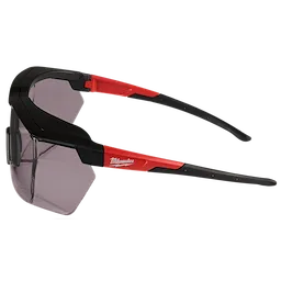 Black and red safety glasses with tinted dual coat lenses, labeled "Over the Glasses - Tinted Dual Coat Lenses."