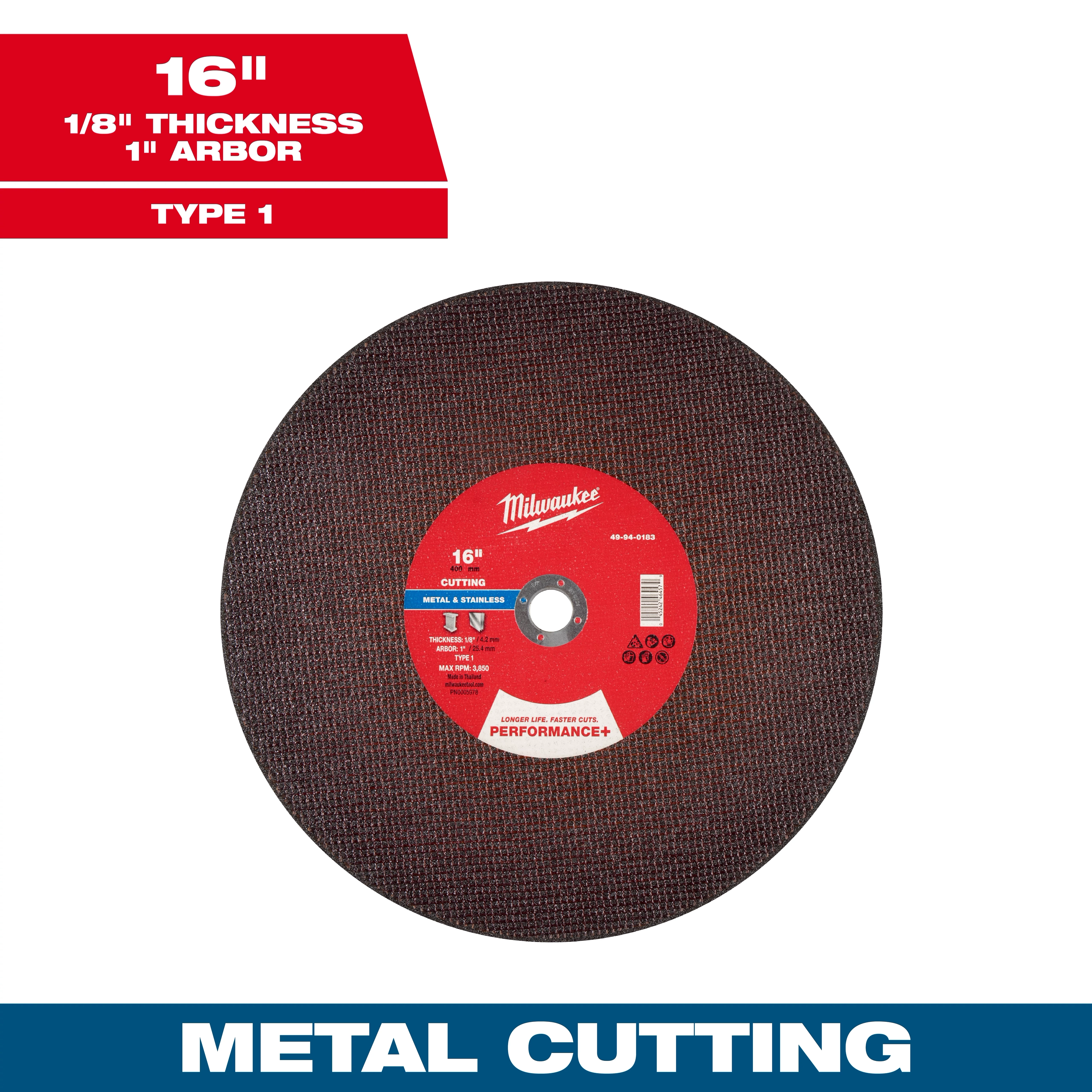 16" Performance+ Metal Cut Off Wheel with 1/8" thickness, 1" arbor. Suitable for metal cutting. Type 1 wheel.