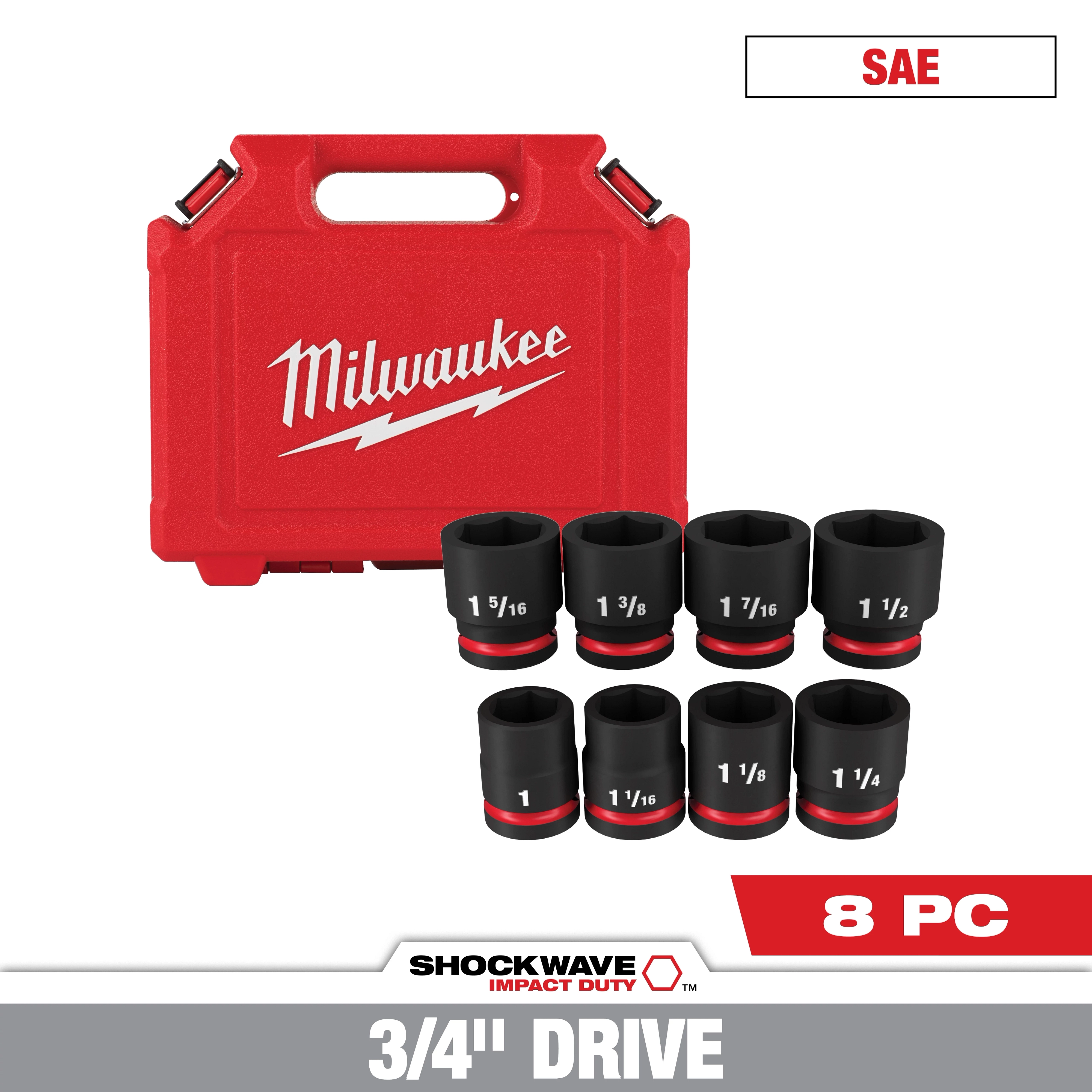 Milwaukee SHOCKWAVE 3/4 in. Drive SAE 6 Point Impact Socket Set includes eight pieces, with sizes ranging from 1 inch to 1-1/2 inches. The set comes in a red hard plastic case, labeled Milwaukee, for storage and transportation. Suitable for heavy-duty impact applications.