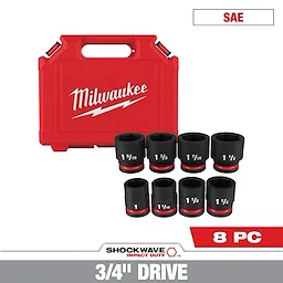 Milwaukee SHOCKWAVE 3/4 in. Drive SAE 6 Point Impact Socket Set includes eight pieces, with sizes ranging from 1 inch to 1-1/2 inches. The set comes in a red hard plastic case, labeled Milwaukee, for storage and transportation. Suitable for heavy-duty impact applications.