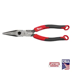 8" Long Nose Comfort Grip Pliers (USA) with red and black handles and "Made in USA" and "Lifetime Guarantee" labels.