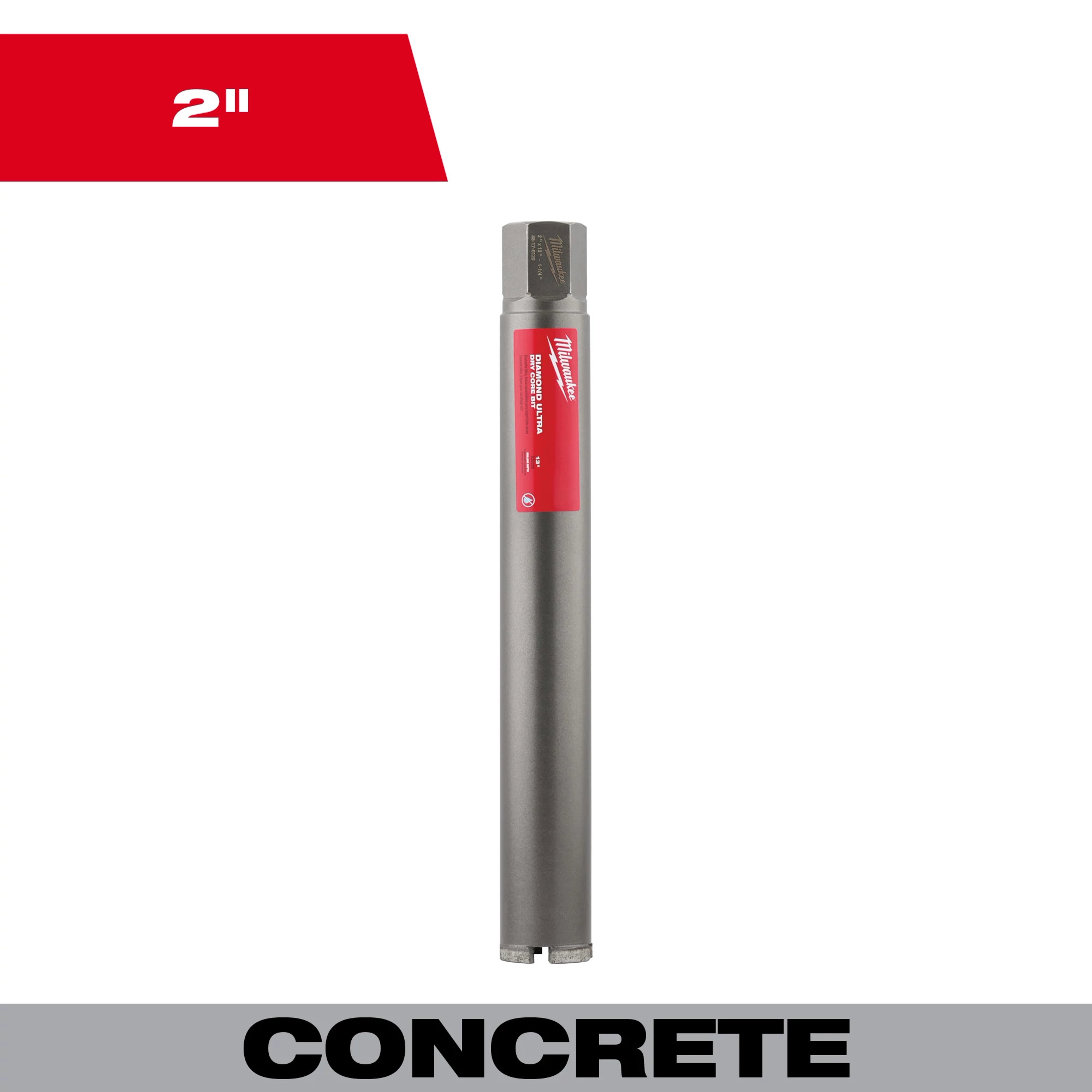 2" Diamond Ultra Dry Core Bit Primary for concrete drilling. Cylinder-shaped with silver body and a red label near the top.