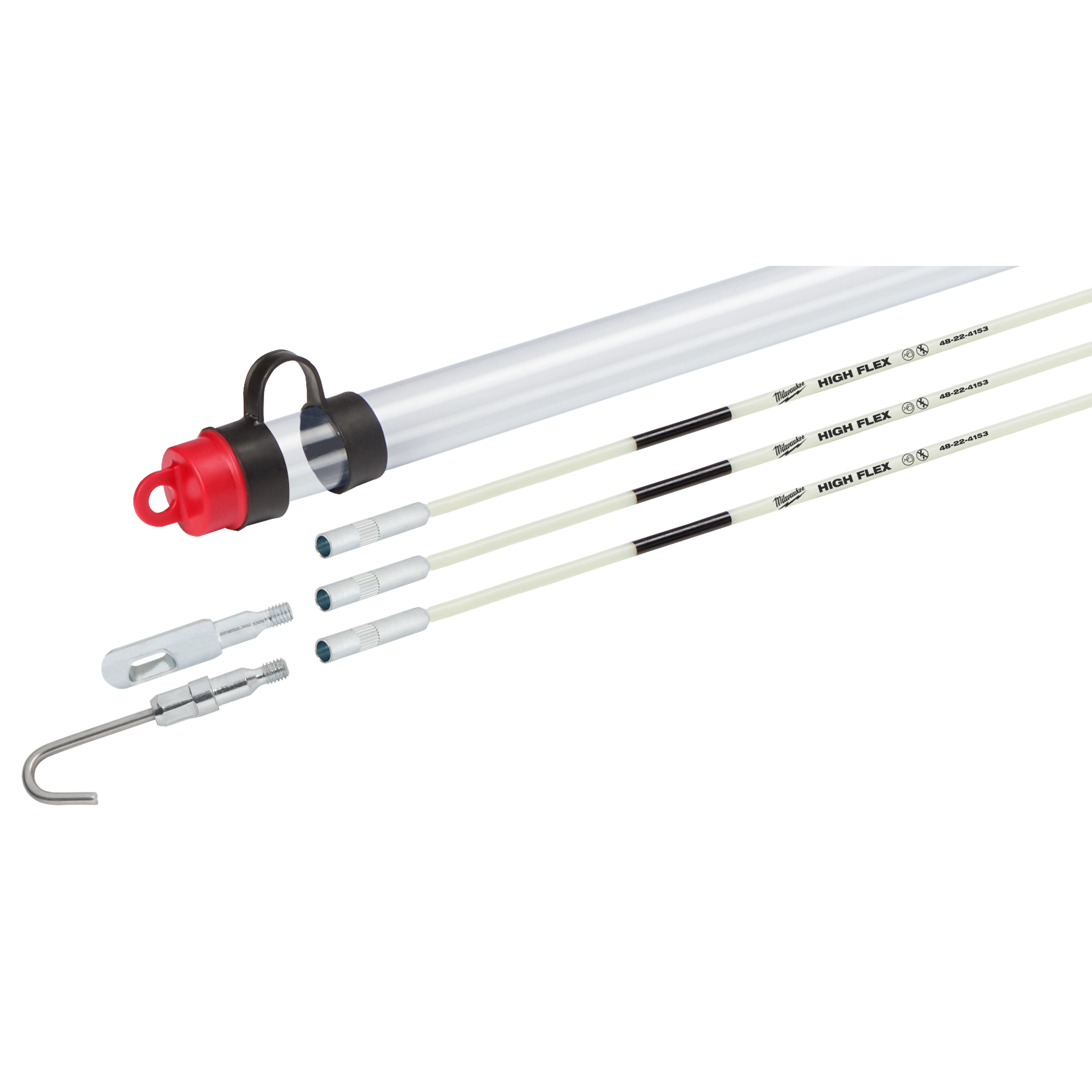15 Foot High Flex Fish Stick Kit includes three flexible rods, two attachments, and a carrying tube with a red cap.
