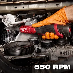 M12 FUEL 1/4" Extended Reach Ratchet in a gloved hand working on an engine, with 550 RPM text in the corner.