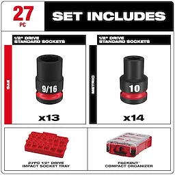 The 27-piece set includes 13 SAE 1/2" drive standard sockets, 14 metric 1/2" drive standard sockets, a 27-piece 1/2" drive impact socket tray, and a PACKOUT compact organizer.
