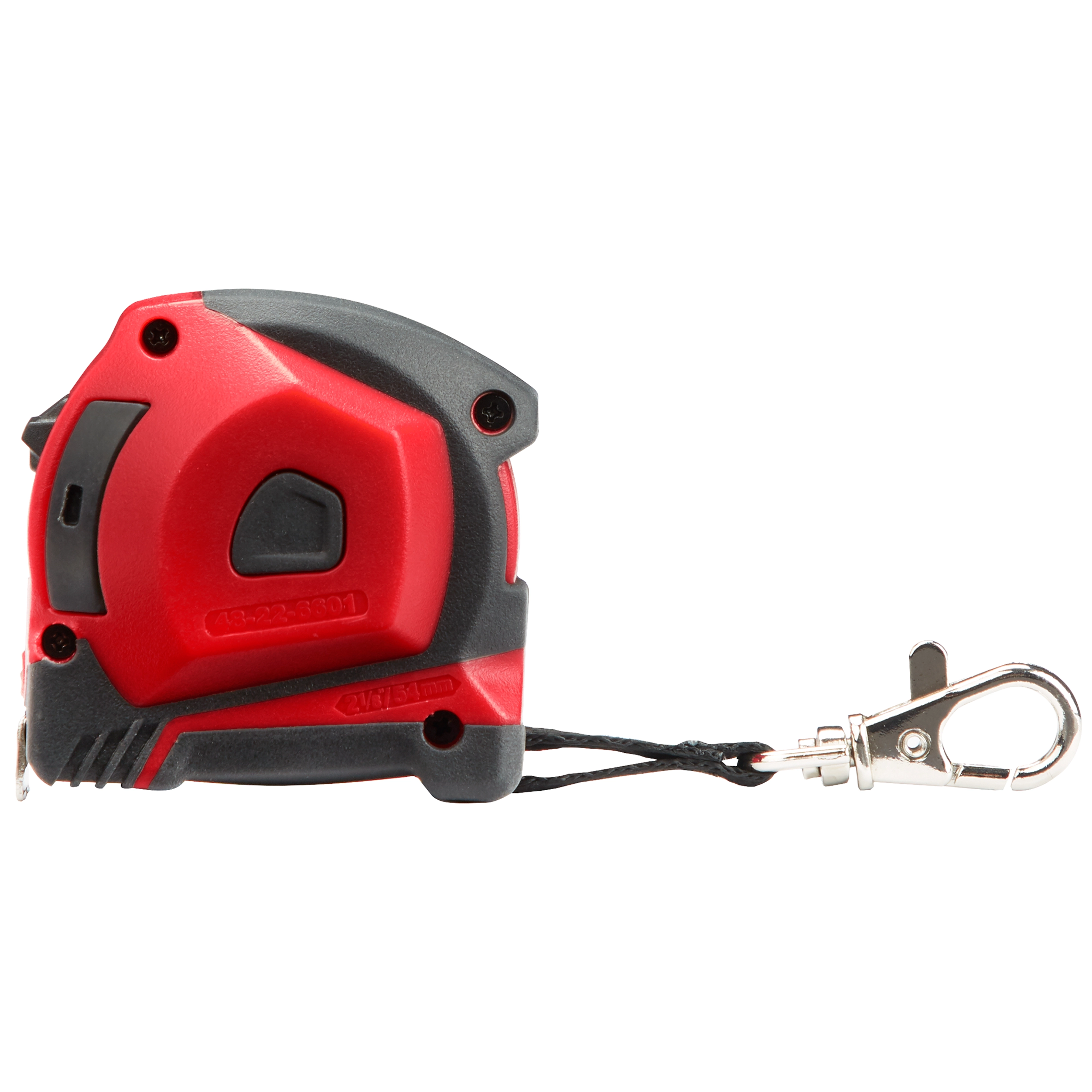 Red and black 10ft/3 Keychain Tape Measure with LED, featuring a metal clasp for attachment to keychains or belts.