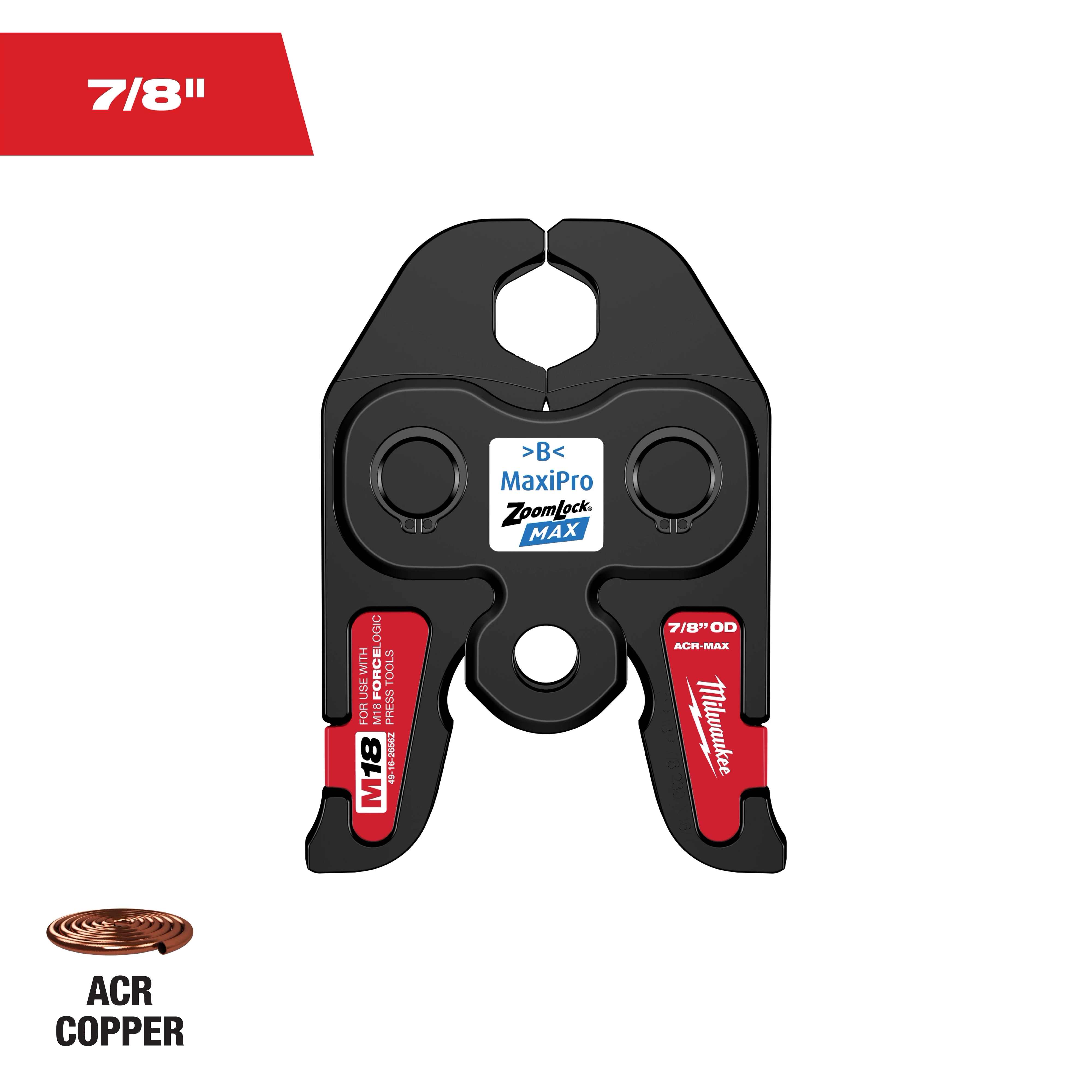This image shows a Milwaukee MaxiPro ZoomLock Max crimping tool specifically designed for 7/8" ACR copper pipes. The tool is black with red accents and displays a label in the center indicating its compatibility. A 7/8" copper pipe section is pictured in the lower left corner.