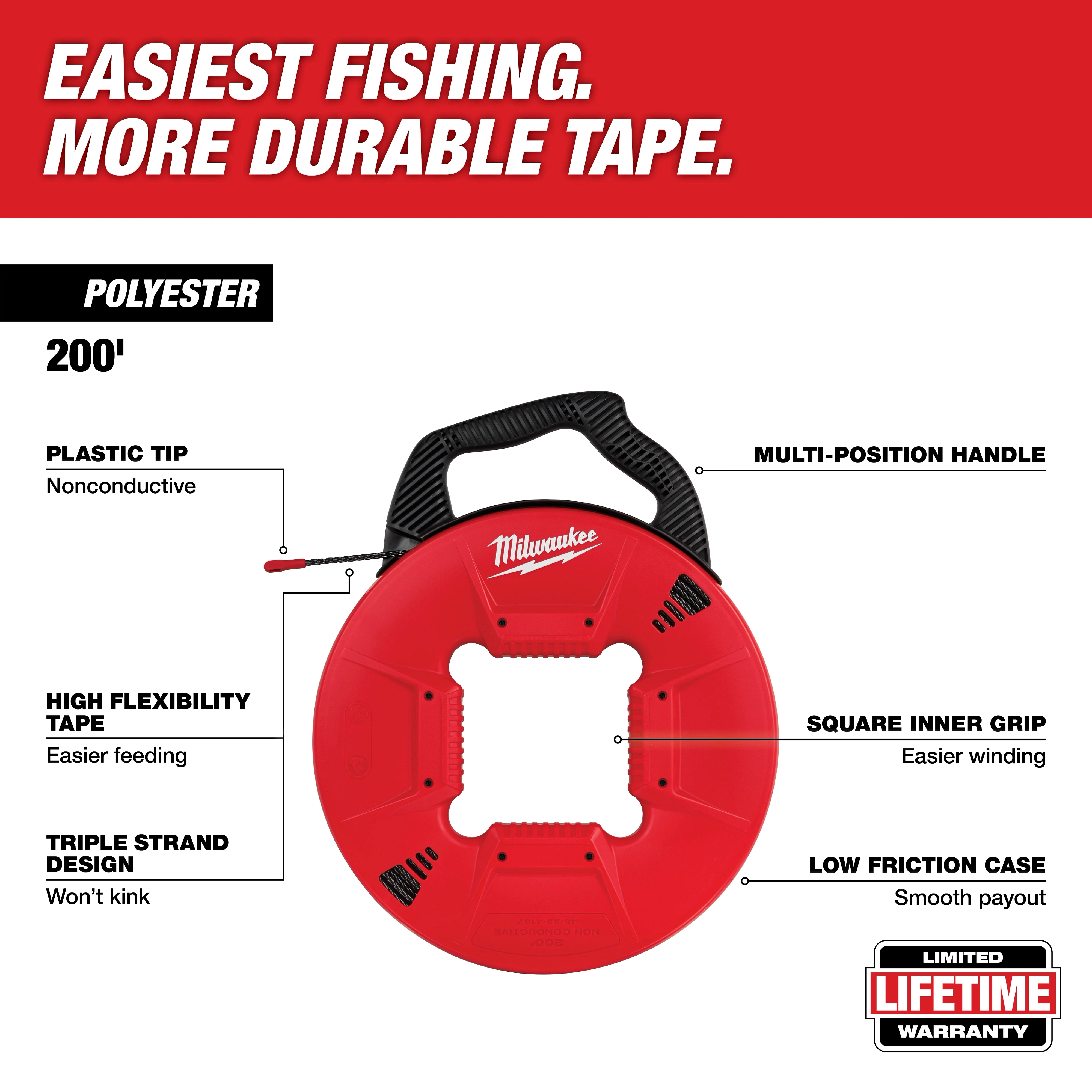 200' POLY W/ PLASTIC TIP FISH TAPE with a red low friction case, multi-position handle, and non-conductive plastic tip.