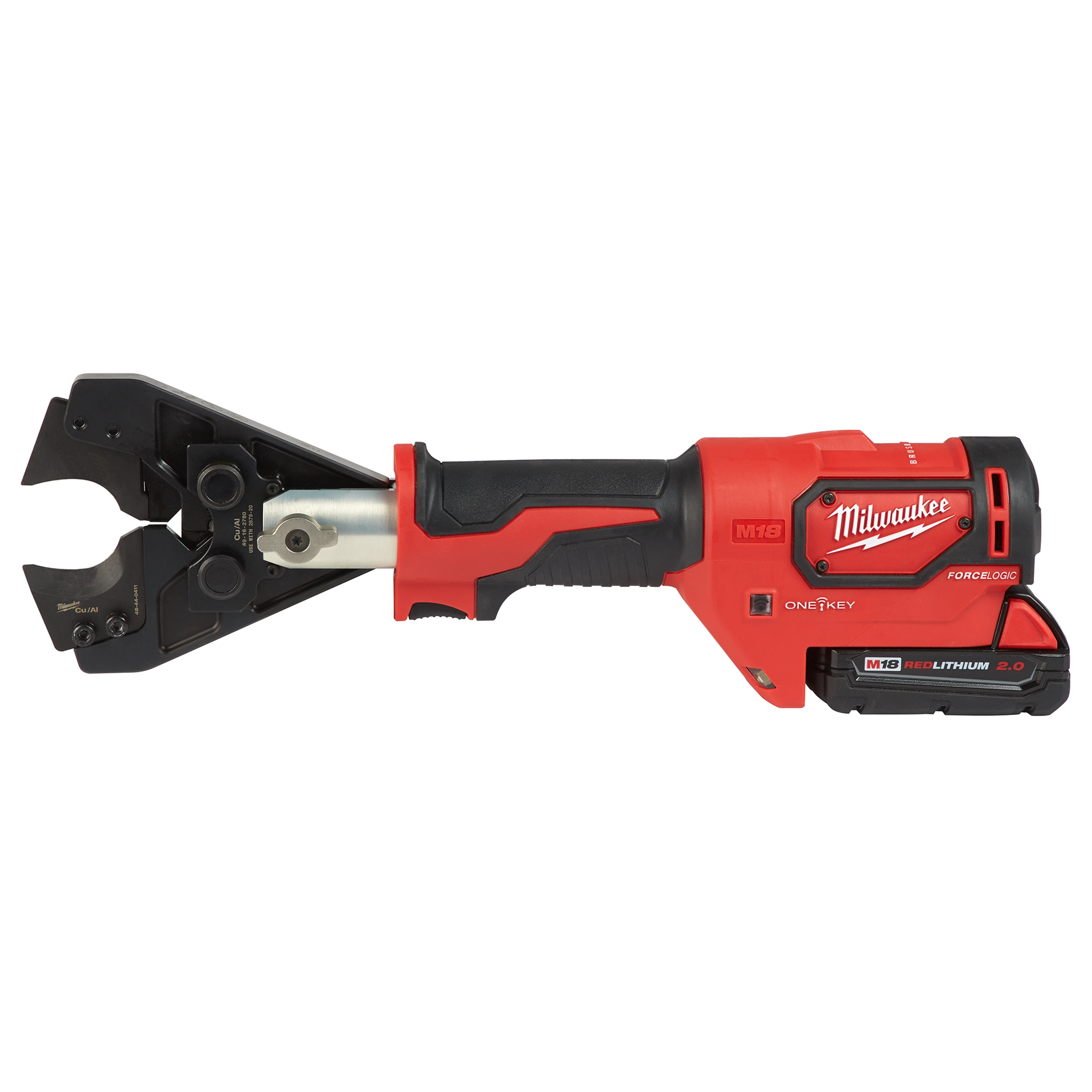 750 MCM Cu/Al Cutting Jaw, a red and black handheld cordless cutting tool with a battery pack, designed for cutting cables.