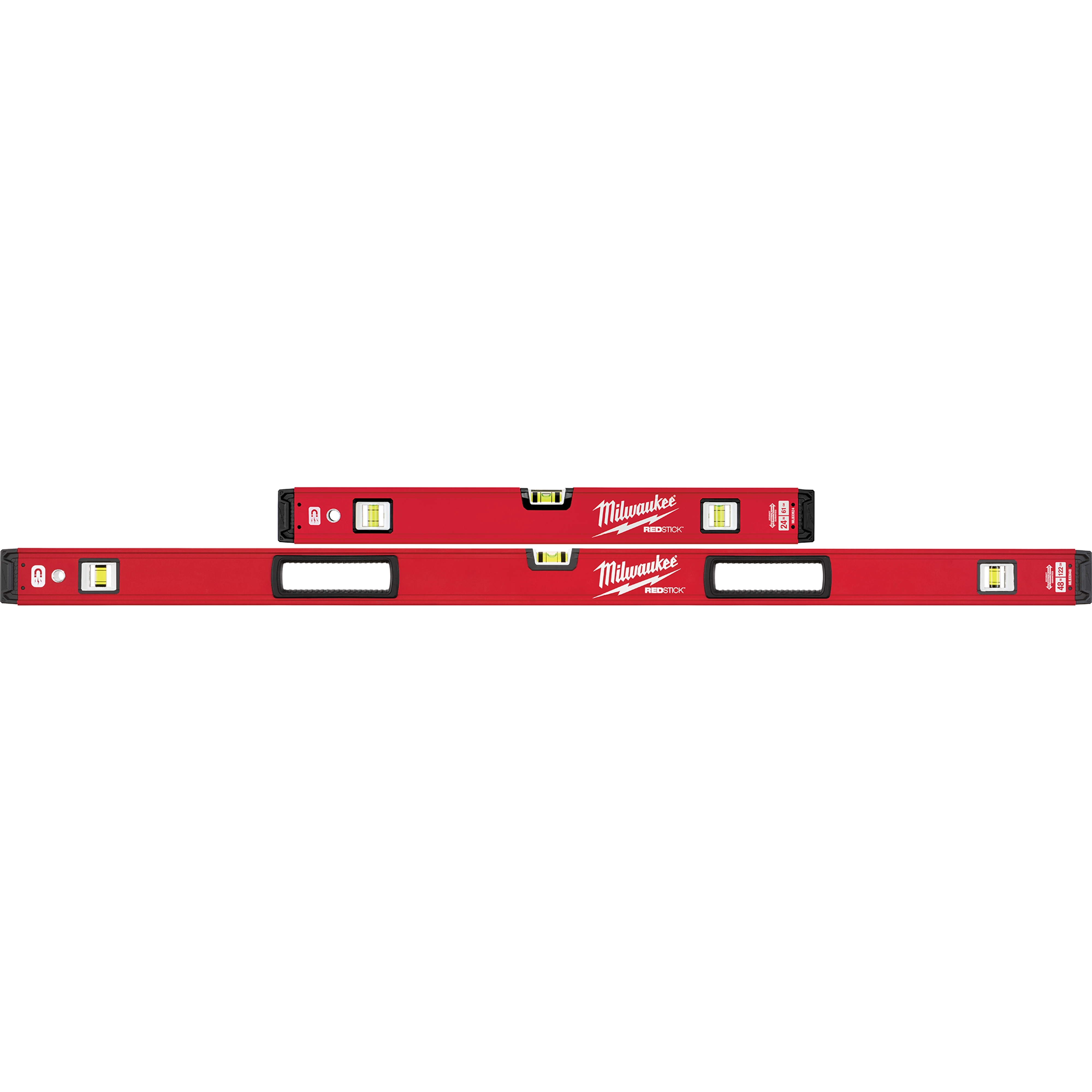 Two red Milwaukee REDSTICK Levels with black end caps and three yellow vials for accurate leveling, shown in different lengths.
