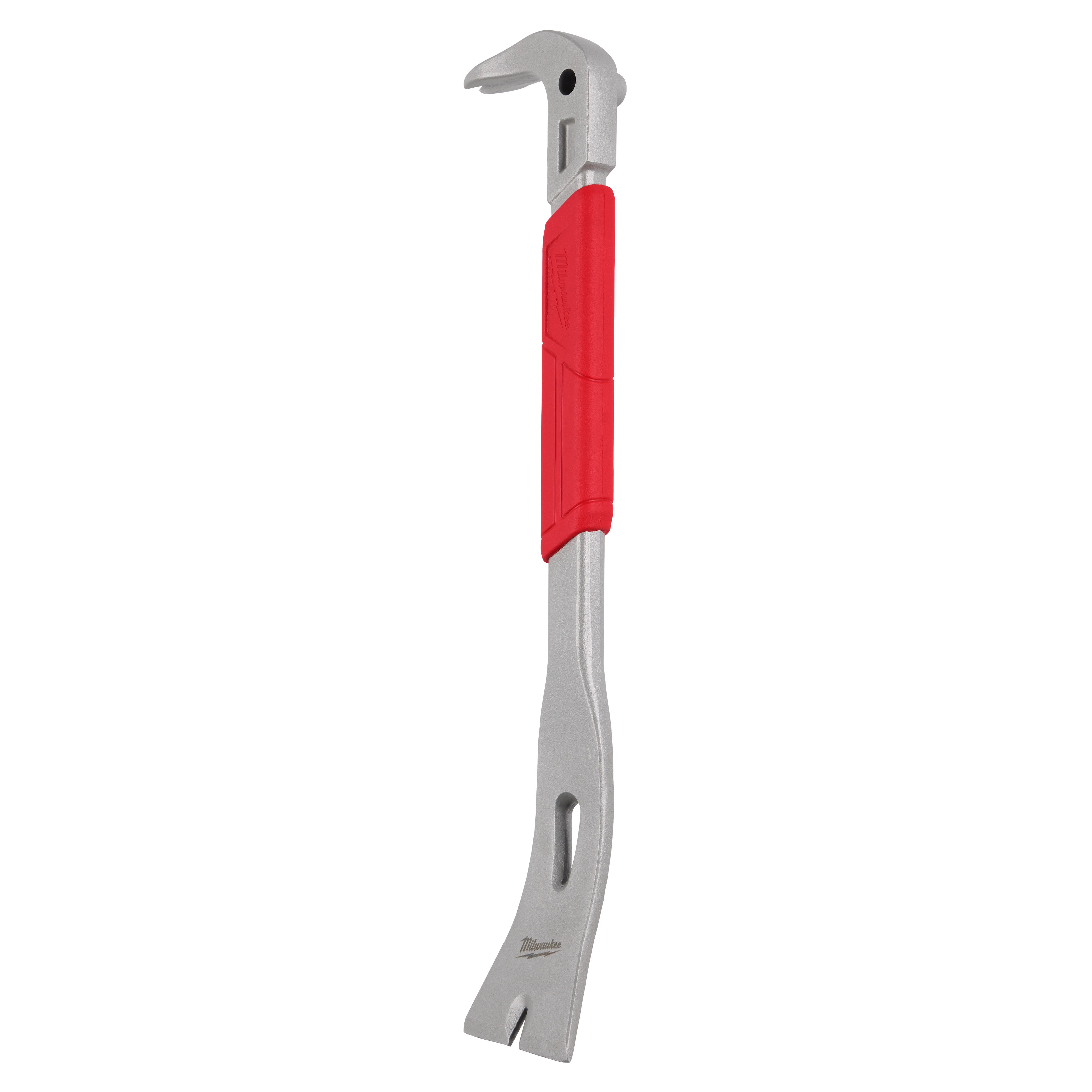The 16" Molding Puller features a silver metallic body with a red rubber grip. It is designed for removing molding and trim, with a hook on one end and a flat, notched blade on the other.