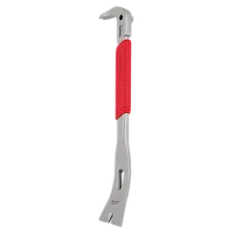 The 16" Molding Puller features a silver metallic body with a red rubber grip. It is designed for removing molding and trim, with a hook on one end and a flat, notched blade on the other.