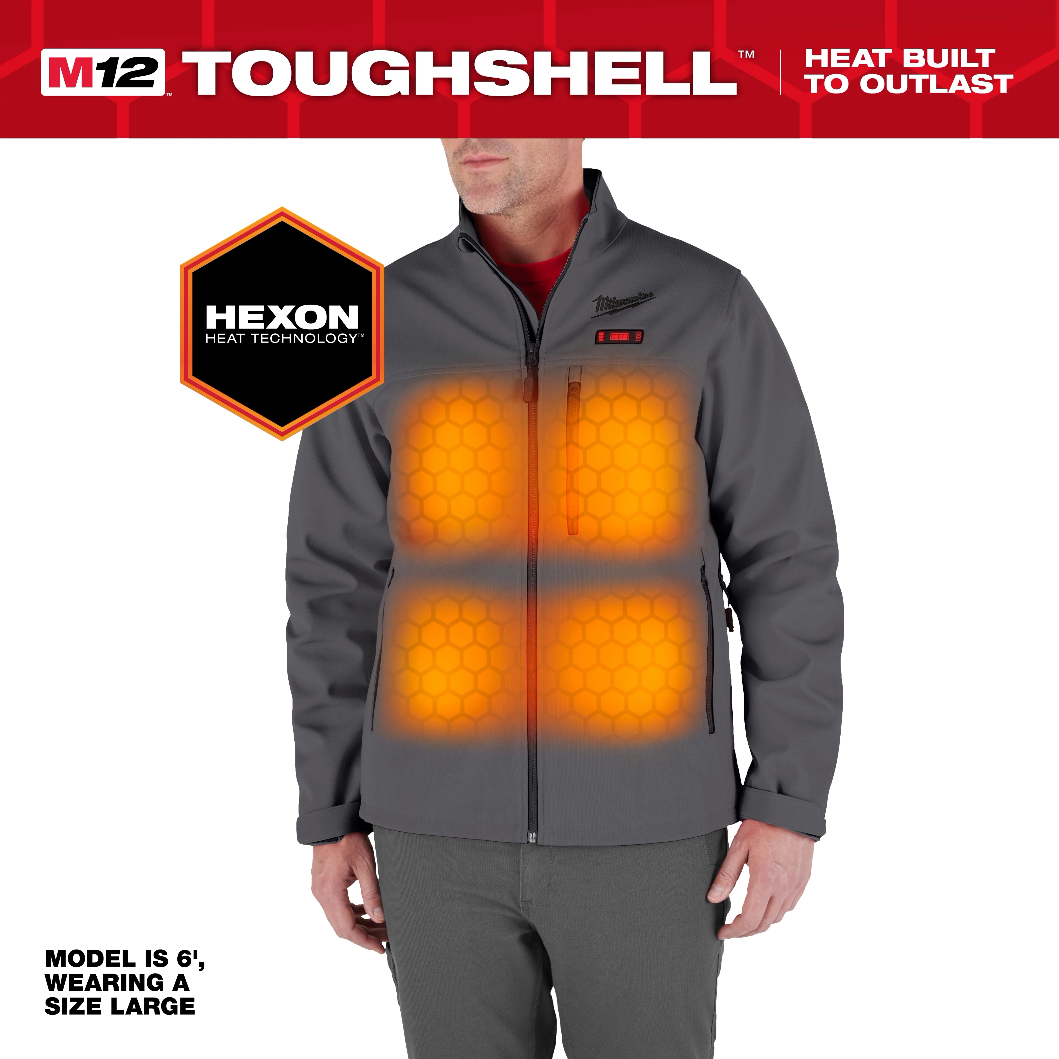 M12 Heated TOUGHSHELL Jacket with HEXON heat technology shown on a model. Jacket highlights heated zones and is size large.