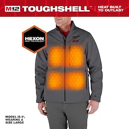 M12 Heated TOUGHSHELL Jacket with HEXON heat technology shown on a model. Jacket highlights heated zones and is size large.