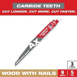 Sawzall Bi-Metal Carbide blade for cutting wood with nails, featuring carbide teeth for longer lasting, faster cuts. Blade measures 9 inches with 5 teeth per inch and comes in a pack of three. The packaging highlights its durability and cutting efficiency with a bold design and American flag.
