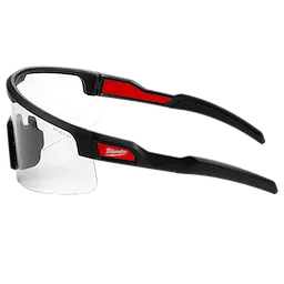 Wrap Around Safety Glasses with Clear Anti-Scratch Lenses feature a black and red frame. They are designed for eye protection in various environments, offering a secure fit and clear visibility.