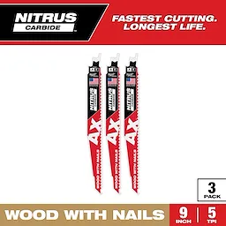 NITRUS Carbide 9-inch, 5 TPI AX Blade for Wood with Nails. The image shows a 3-pack of red and white SAWZALL blades.