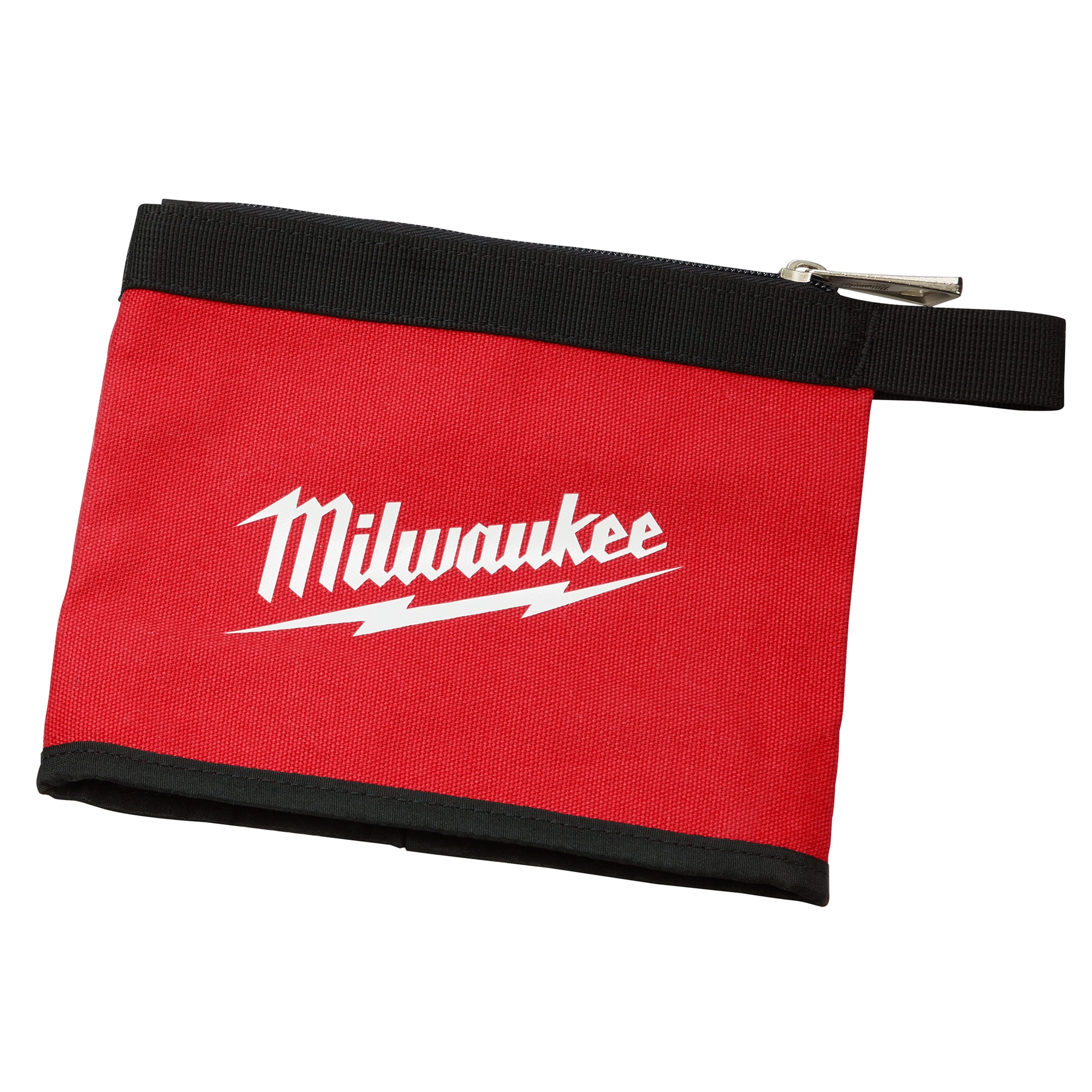 The 3PC Multi-Size Zipper Pouches product includes a red fabric pouch with a black zipper and handle. The pouch features the Milwaukee logo in white lettering with a lightning bolt underneath.