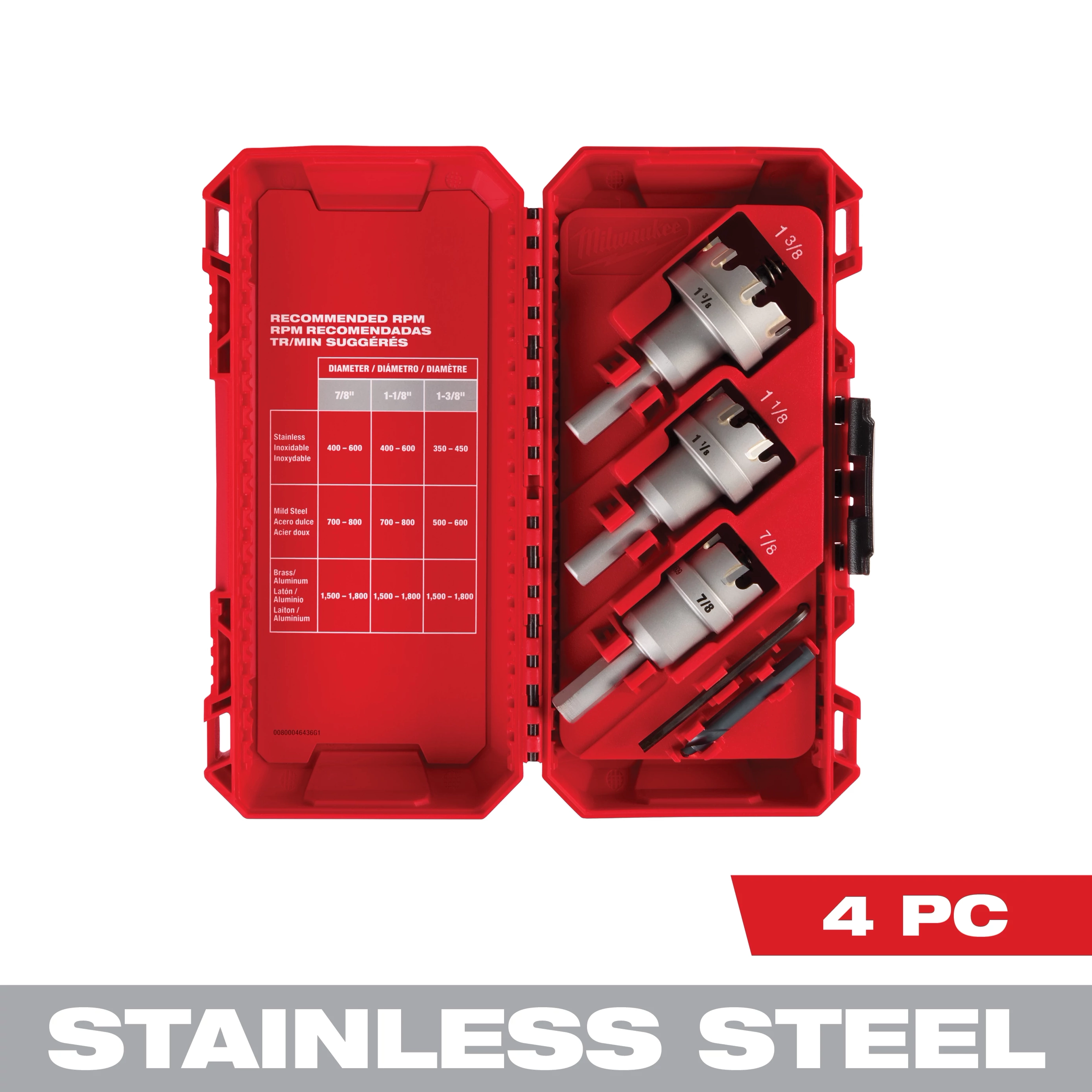 A red case containing a One-Piece Carbide Hole Cutter Set: 4PC is open, revealing four hole cutters of varying sizes. There's also a chart providing RPM recommendations for different materials. A "4 PC" label is in the bottom right corner.