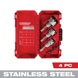 A red case containing a One-Piece Carbide Hole Cutter Set: 4PC is open, revealing four hole cutters of varying sizes. There's also a chart providing RPM recommendations for different materials. A "4 PC" label is in the bottom right corner.