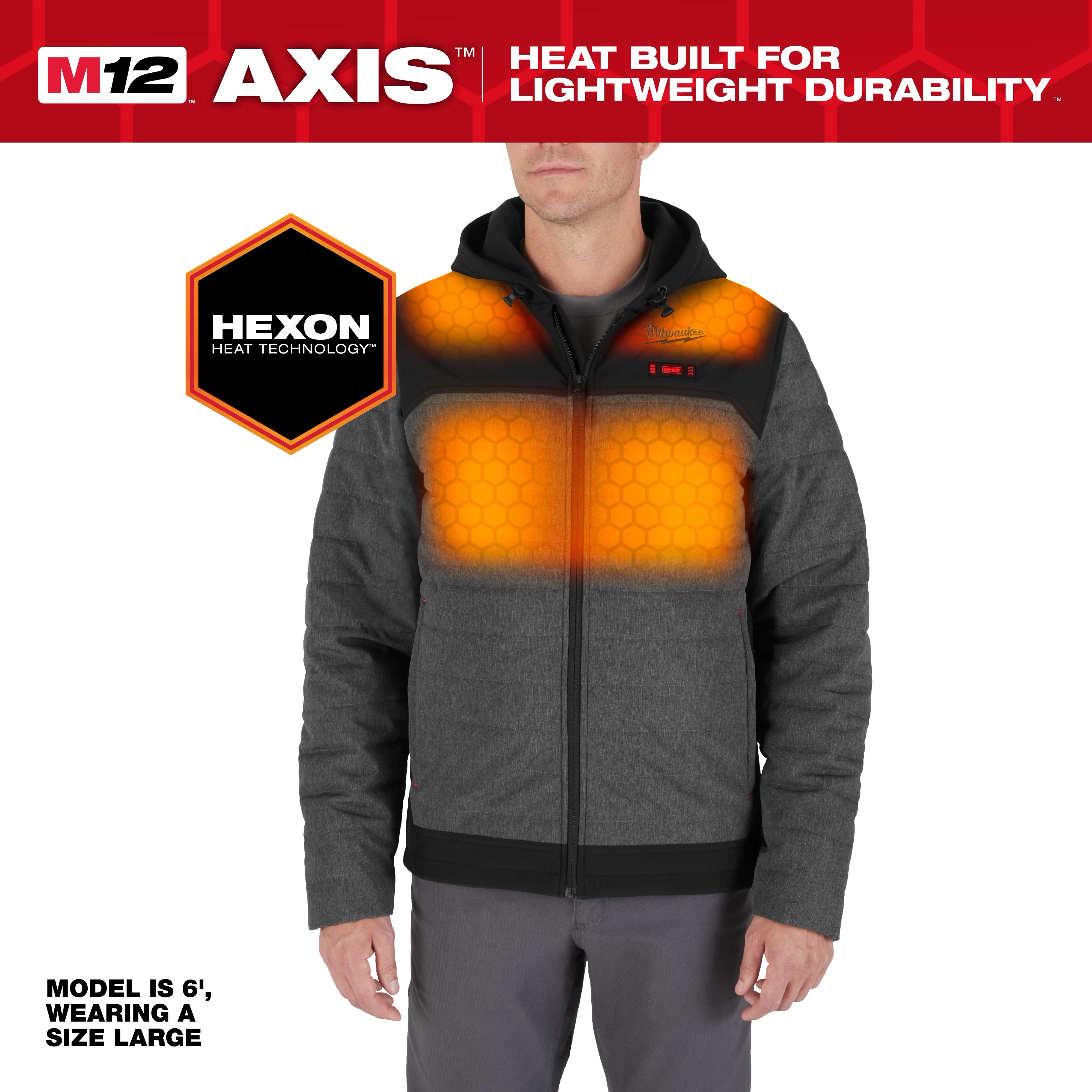 The image features a person wearing an M12 Heated AXIS Jacket with Hexon Heat Technology. The model is 6' tall, wearing a size large.