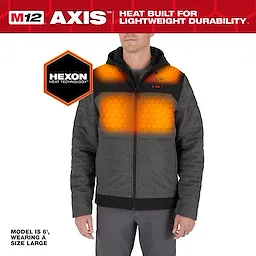 The image features a person wearing an M12 Heated AXIS Jacket with Hexon Heat Technology. The model is 6' tall, wearing a size large.