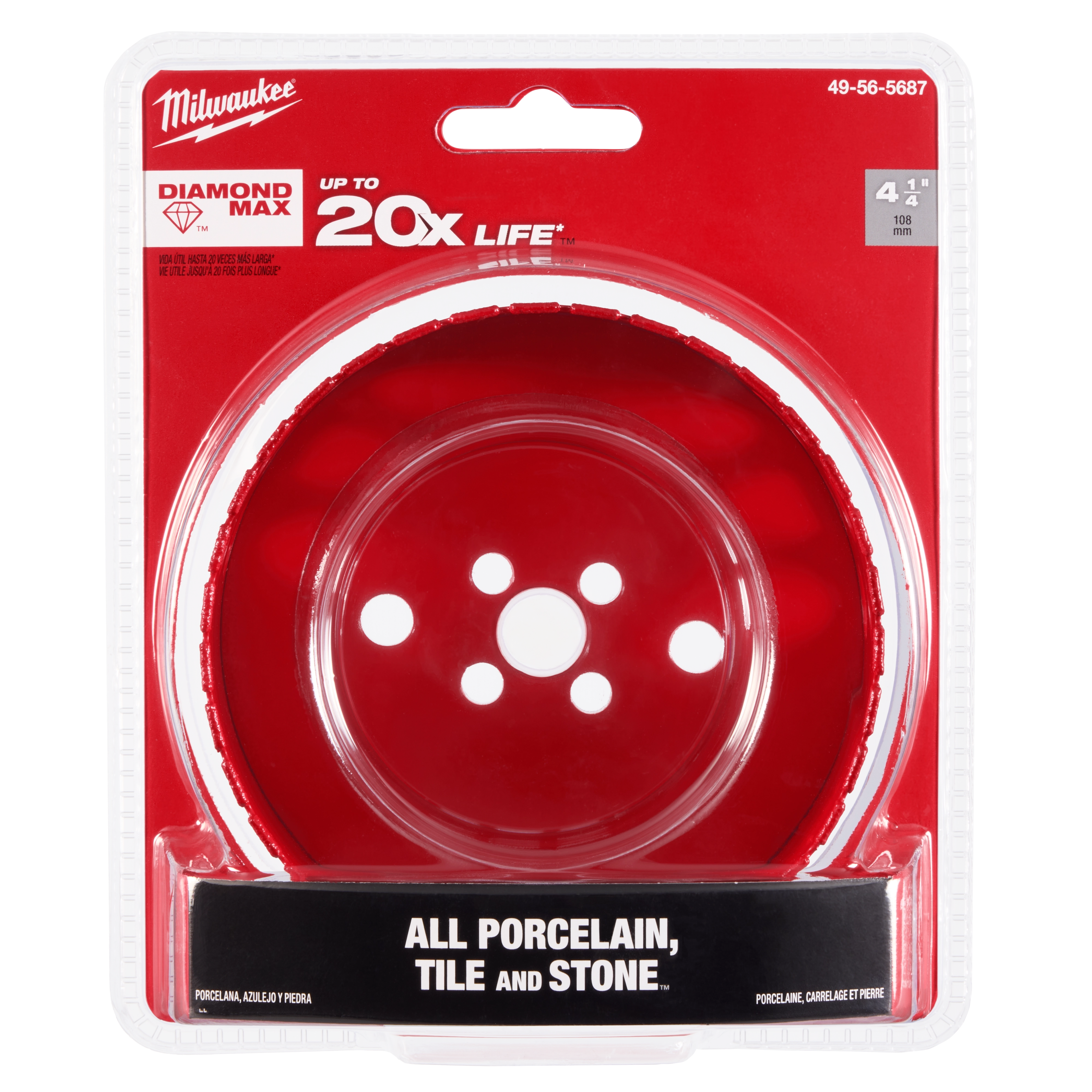 Milwaukee 4-1/4" Diamond Max Hole Saw in packaging, labeled to cut all porcelain, tile, and stone with up to 20x life durability.