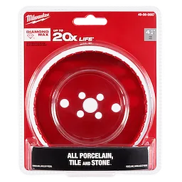 Milwaukee 4-1/4" Diamond Max Hole Saw in packaging, labeled to cut all porcelain, tile, and stone with up to 20x life durability.
