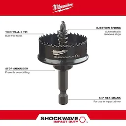 Milwaukee Shockwave Hole Saw features an ejection spring, stop shoulder, thin wall 8 TPI for burr-free holes, and a 1/4" hex shank.