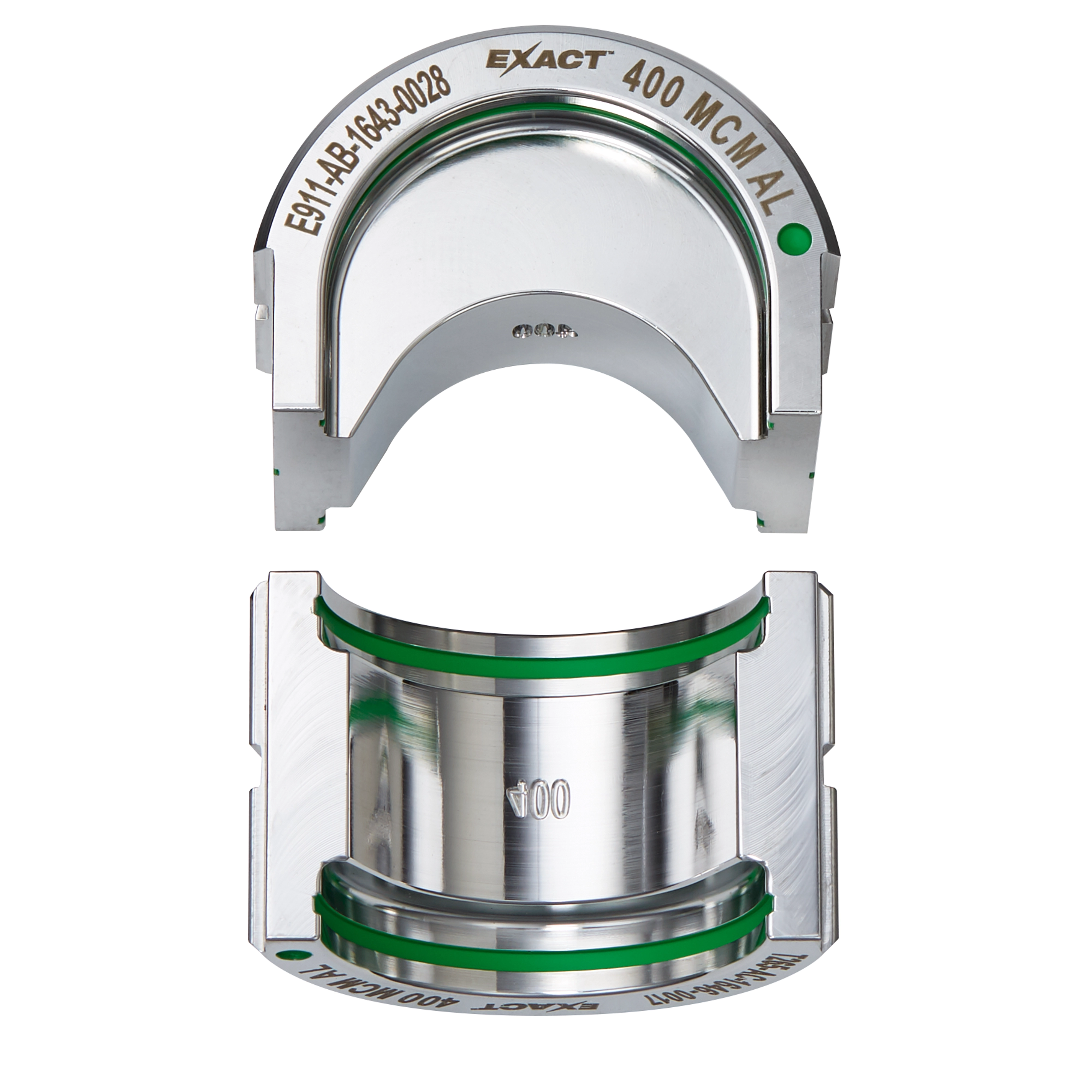 The FORCELOGIC™ M18™ 750 MCM Crimper Kit includes precision crimping jaws labeled "EXACT 400 MCM AL" with a polished metal finish and green accents.