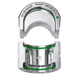 The FORCELOGIC™ M18™ 750 MCM Crimper Kit includes precision crimping jaws labeled "EXACT 400 MCM AL" with a polished metal finish and green accents.