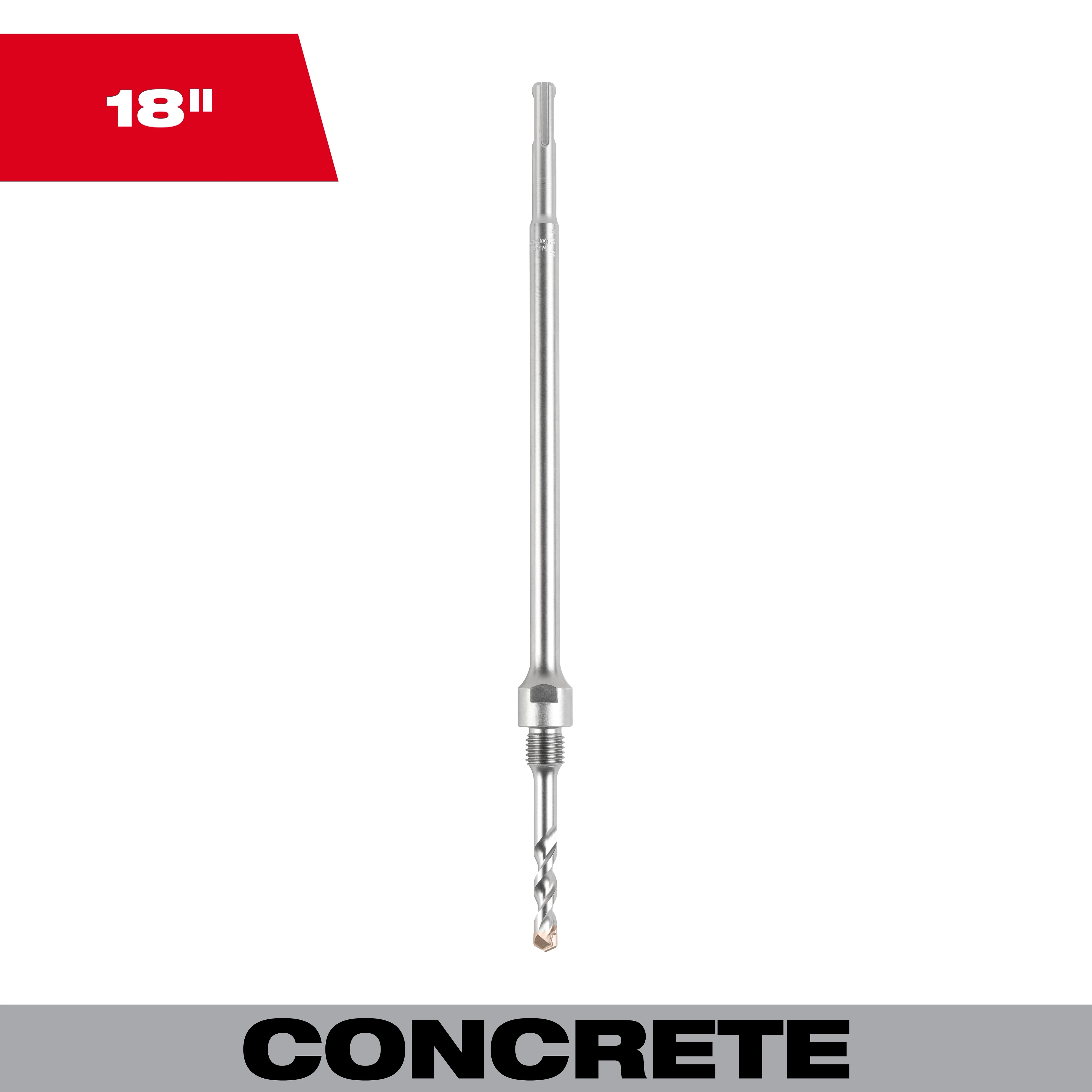Image of an 18" SDS Plus Core Bit Adapter. The adapter is metallic and elongated with a threaded end and a small drill bit attached at the bottom. The text "18"" is in the top left corner, and "CONCRETE" is written at the bottom.