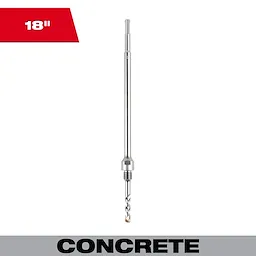 Image of an 18" SDS Plus Core Bit Adapter. The adapter is metallic and elongated with a threaded end and a small drill bit attached at the bottom. The text "18"" is in the top left corner, and "CONCRETE" is written at the bottom.