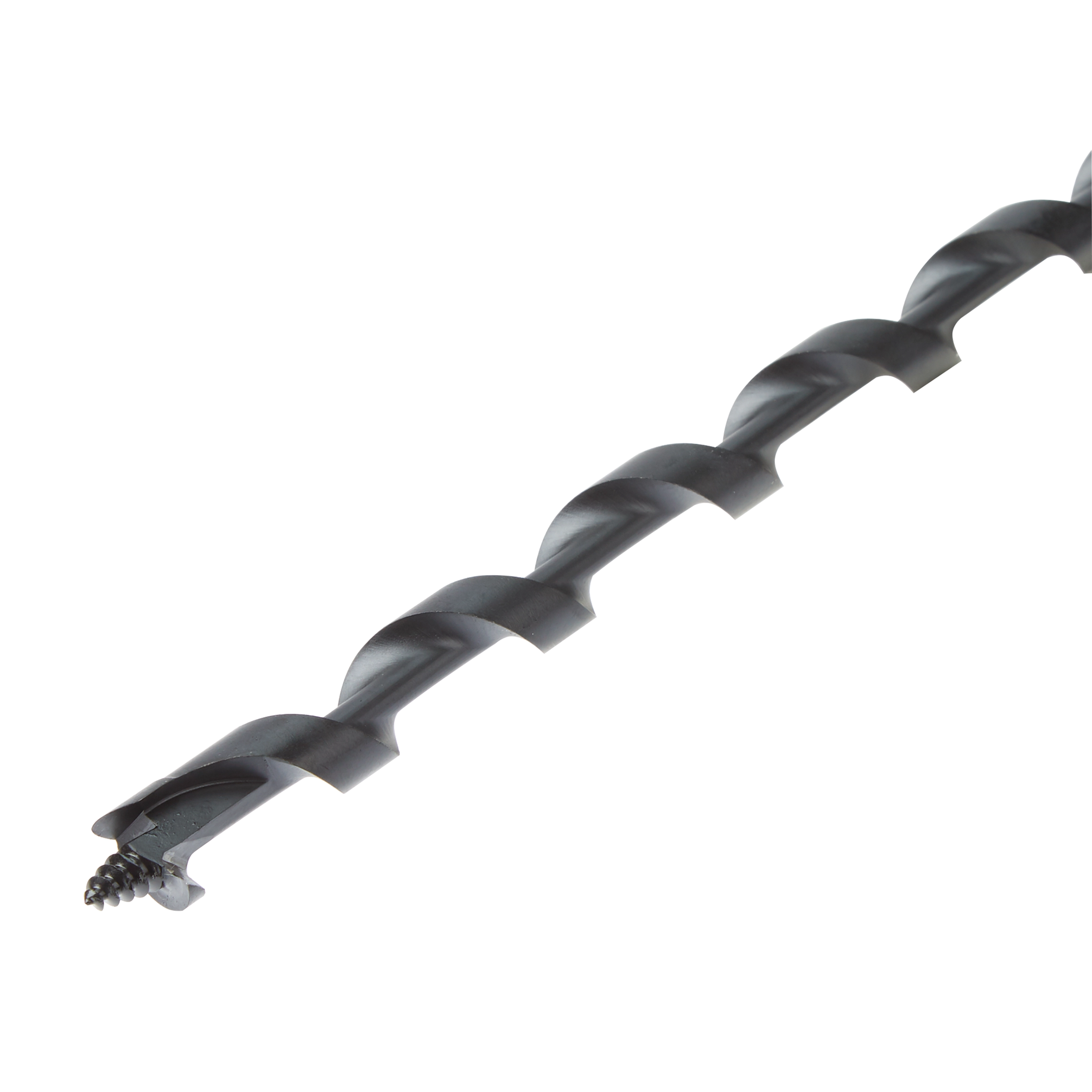 The Utility Bit is a long, black spiral drill bit featuring a twisted design with sharp edges for cutting and a pointed tip with threading to initiate drilling.