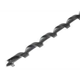 The Utility Bit is a long, black spiral drill bit featuring a twisted design with sharp edges for cutting and a pointed tip with threading to initiate drilling.