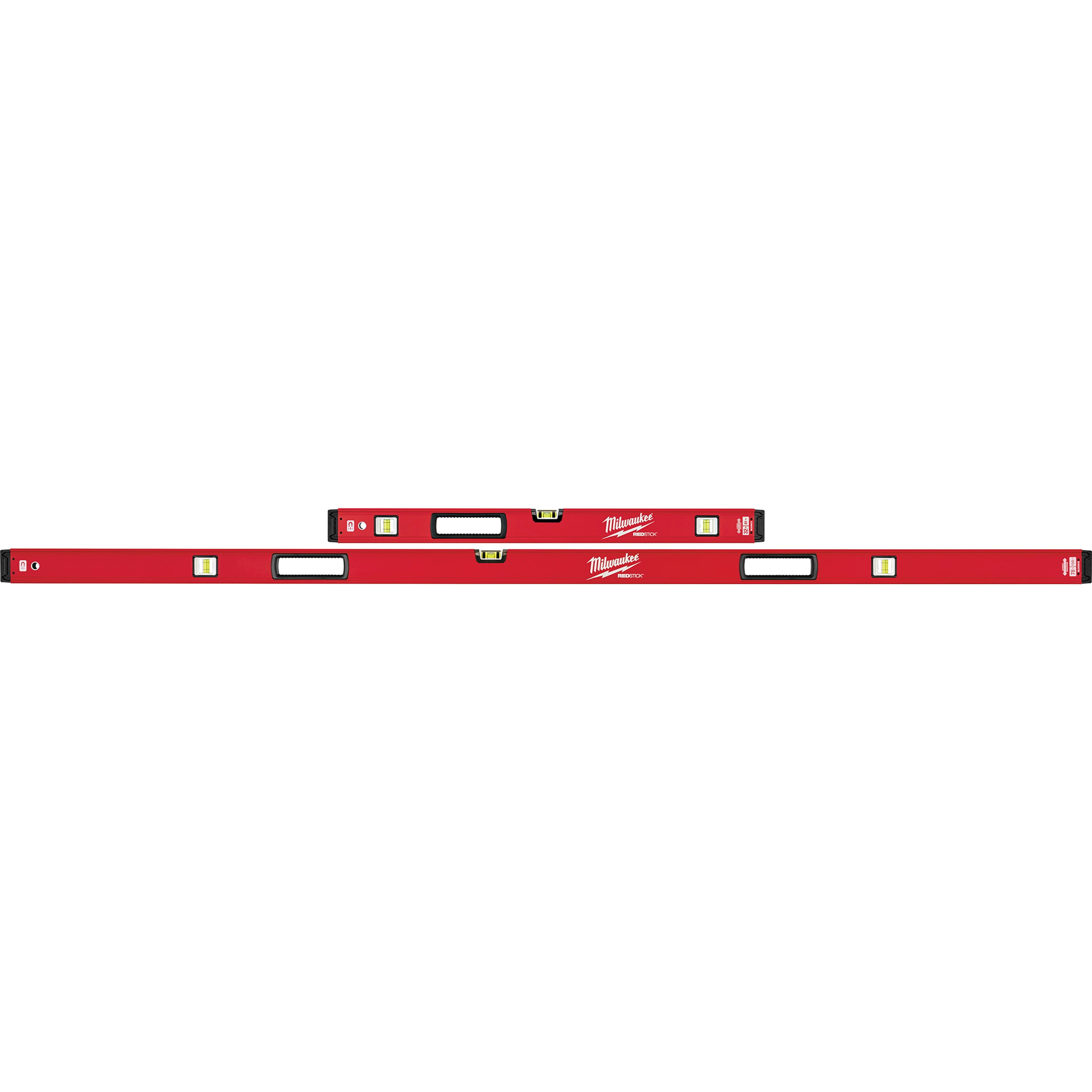 Red REDSTICK Level with an aluminum frame features horizontal and vertical bubble vials for accurate leveling. Available in different lengths.