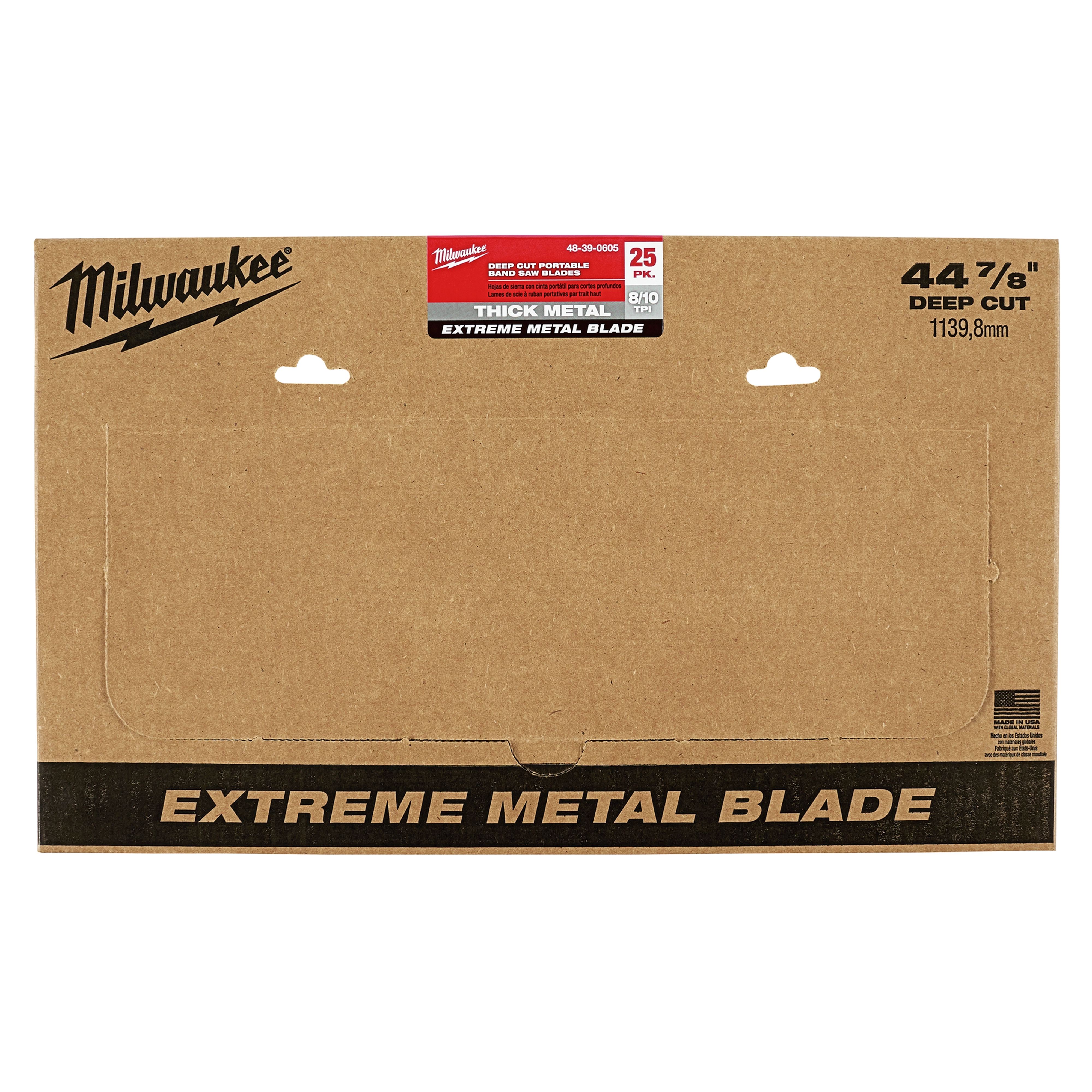 Thick Metal Extreme Bandsaw Blade 100 pack features heavy-duty blades for deep cuts. Packaging shows the blade's size as 44-7/8 inches (1139.8mm).