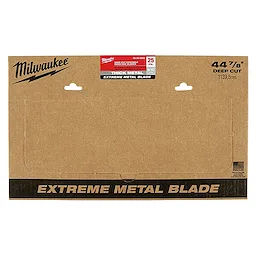 Thick Metal Extreme Bandsaw Blade 100 pack features heavy-duty blades for deep cuts. Packaging shows the blade's size as 44-7/8 inches (1139.8mm).