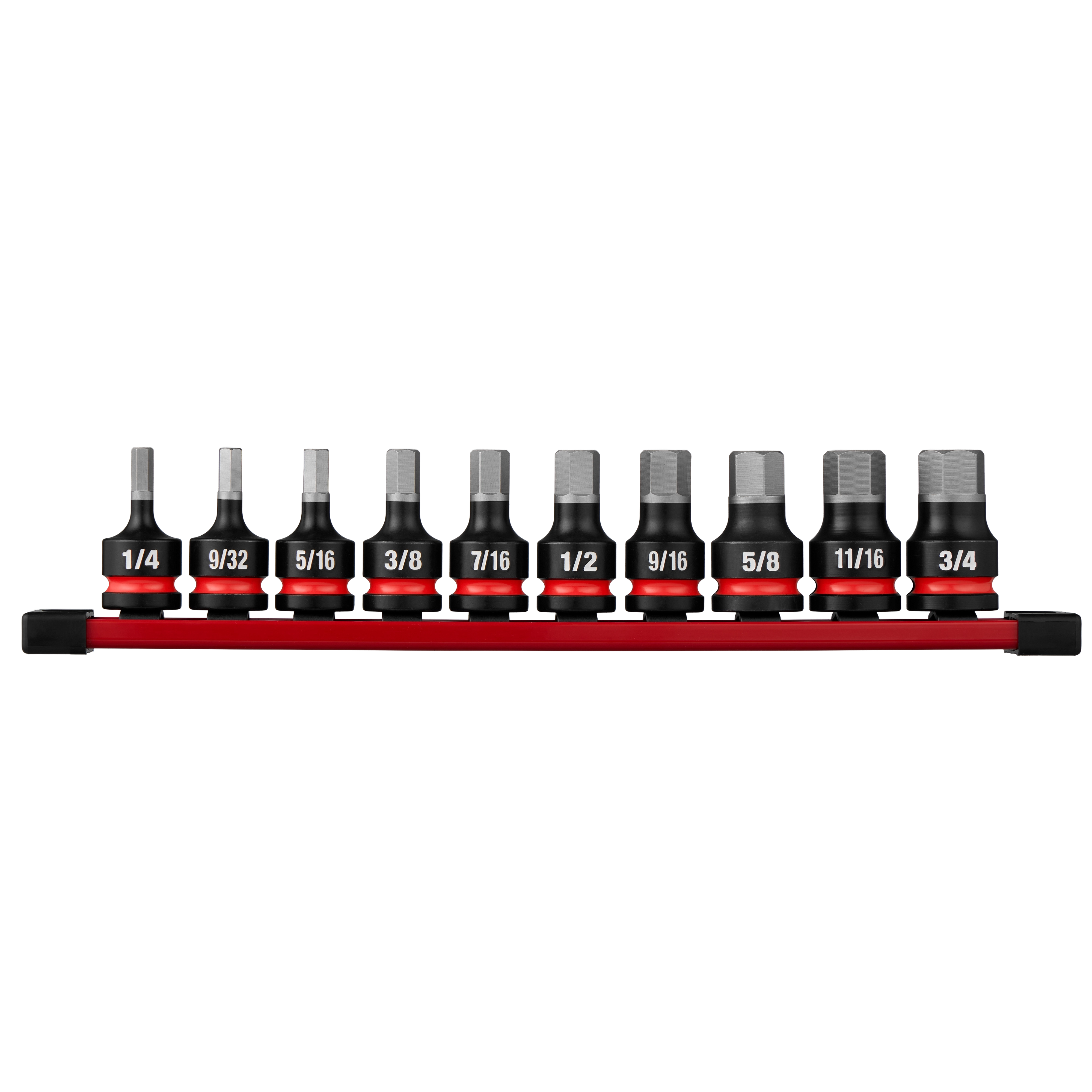 10PC SHOCKWAVE Impact Duty 1/2" Drive 2" Hex SAE Bit Socket Set arranged on a red rail in a row.